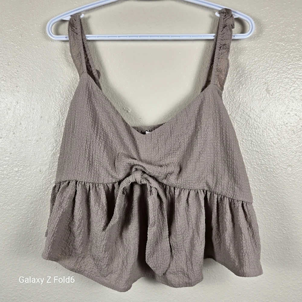 Forever 21 Plus Taupe Textured Woven Tank Top 1X Tie Front Peplum Sleeveless NWT